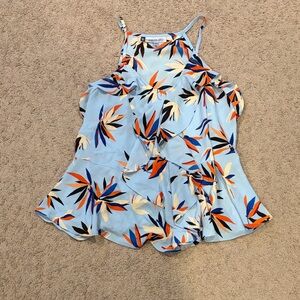 Jennifer Lopez Blue Leaf Print Ruffle Blouse